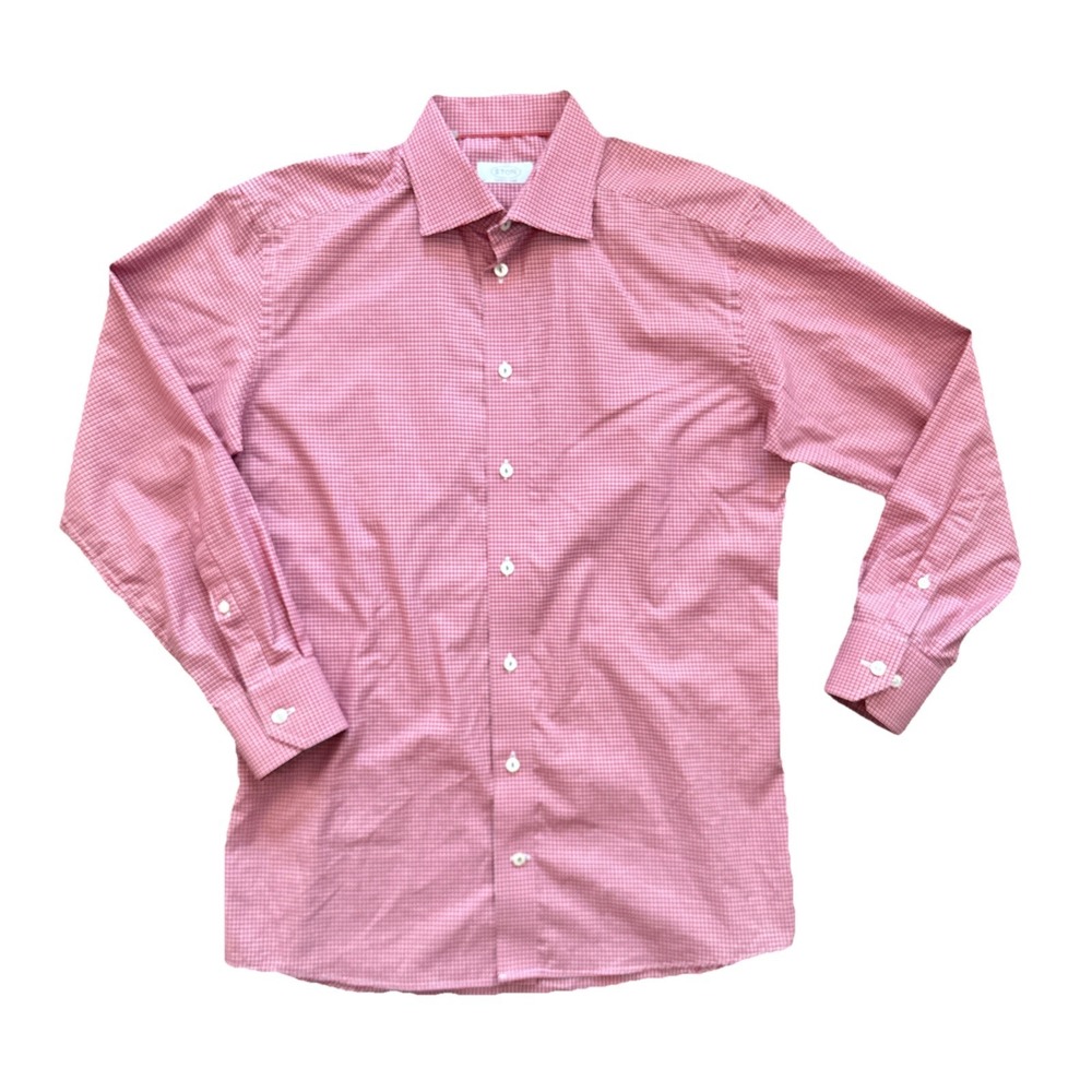 Eton Dress Shirt Men 41 16 Red Gingham Check Oxford Cotton Long Sleeve